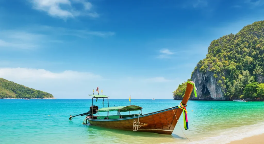 Kdy jet na Phuket: Kompletní průvodce počasím a ročními obdobími 6 Slunná pláž na Phuketu během hlavní sezóny s tradiční lodí longtail