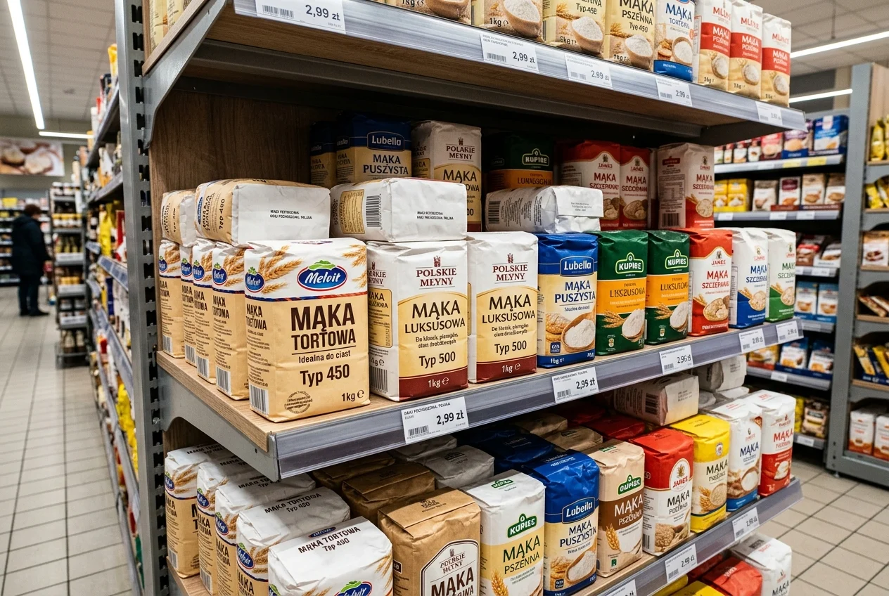 Detail regálu v polském supermarketu s baleními mouky označenými jako Typ 450 a Typ 500.