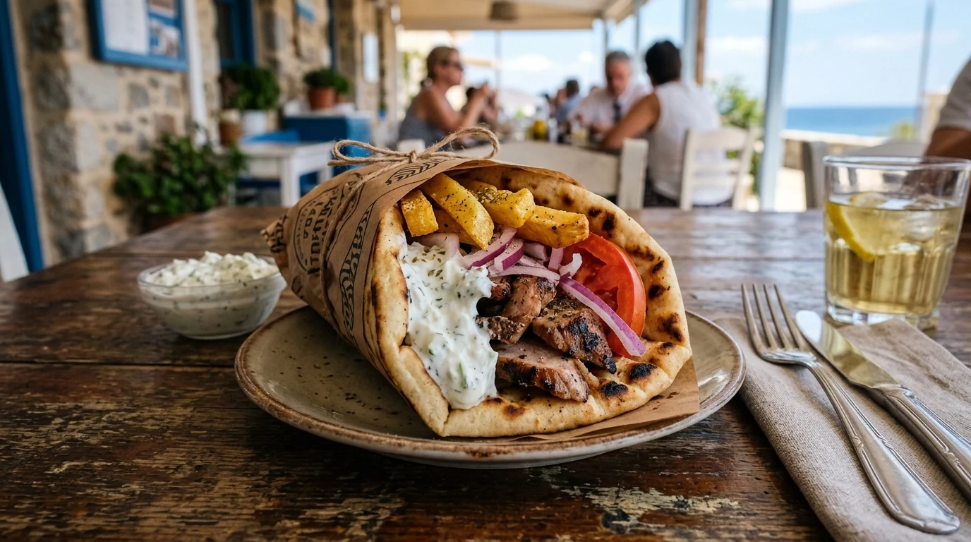 Tradiční řecký gyros s tzatziki v pitě