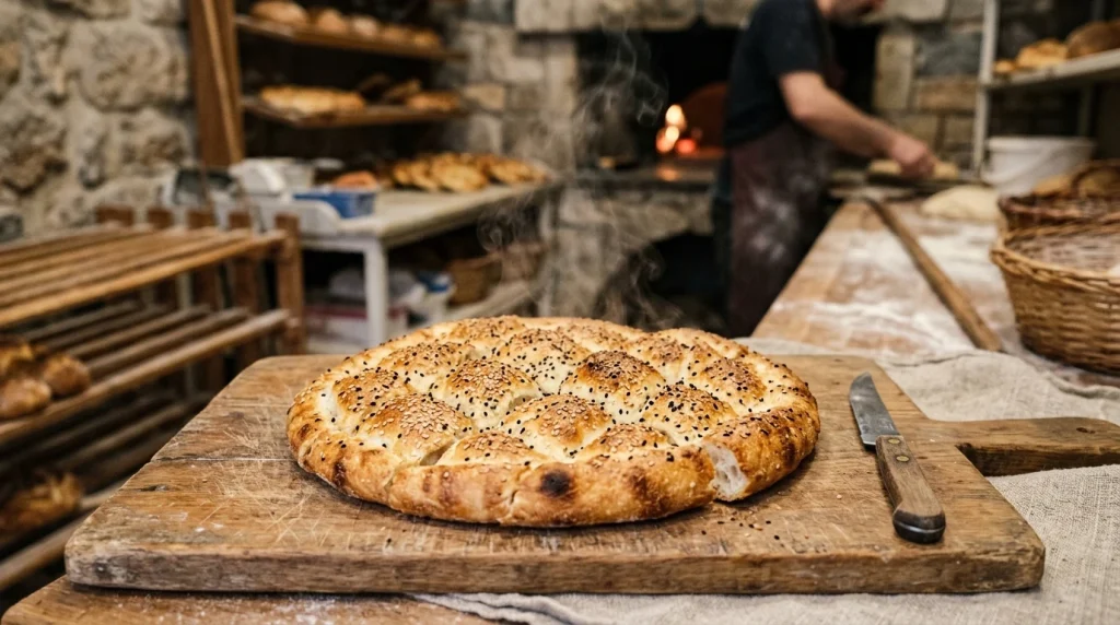Tradiční turecký chléb (Pide a Ekmek): Druhy a recept na domácí pečení 13 Čerstvě upečený turecký chléb pide se sezamem